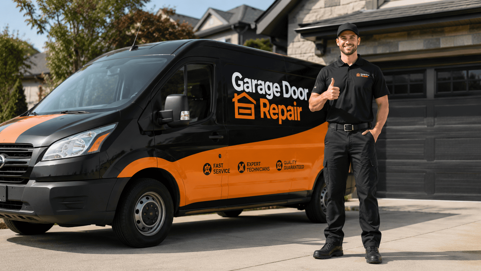 Garage door repair service van and technician — black and orange
